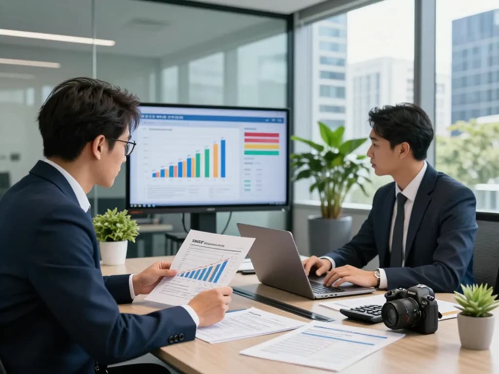 SMSF Accountants collaborating on financial documents in a modern office.