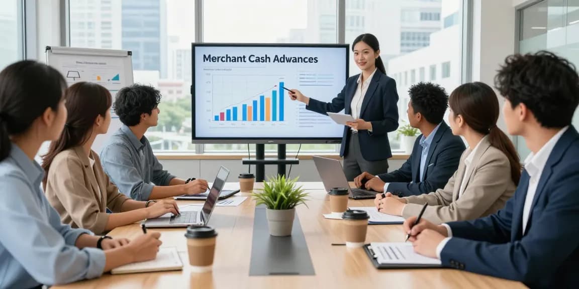 Team discussing how to get a merchant cash advance in a modern office setting.