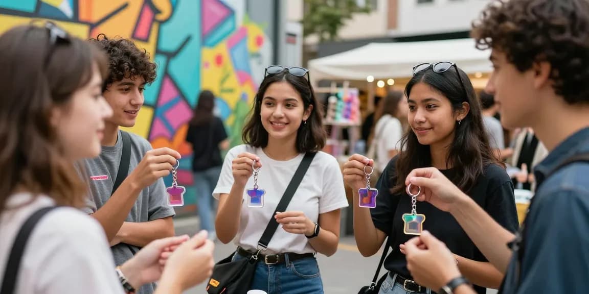 Custom keychains displayed by a diverse group in an urban setting, showcasing vibrant designs and lively interaction.