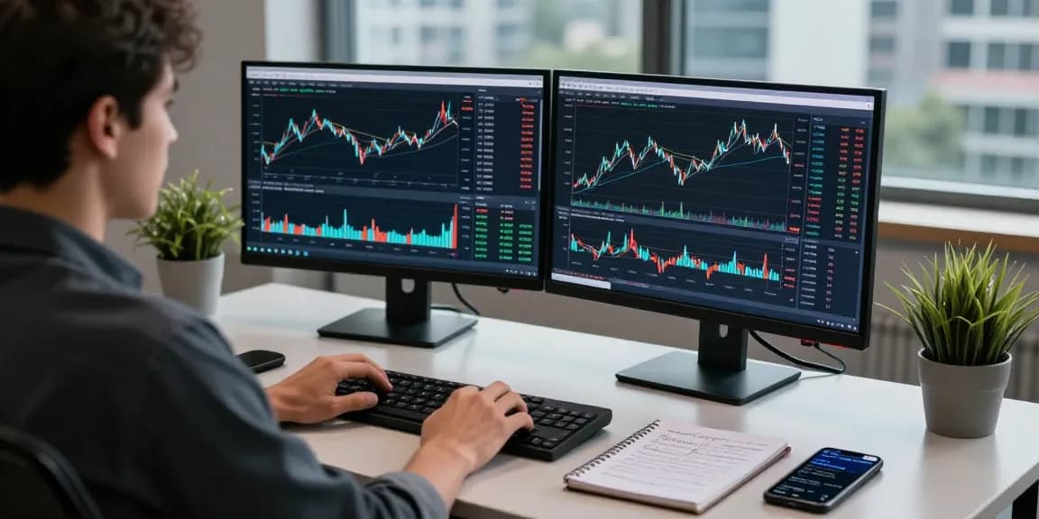Real-time Forex data analysis scene featuring a developer working with silver market data feed, technical charts, and trading tools in a modern workspace.