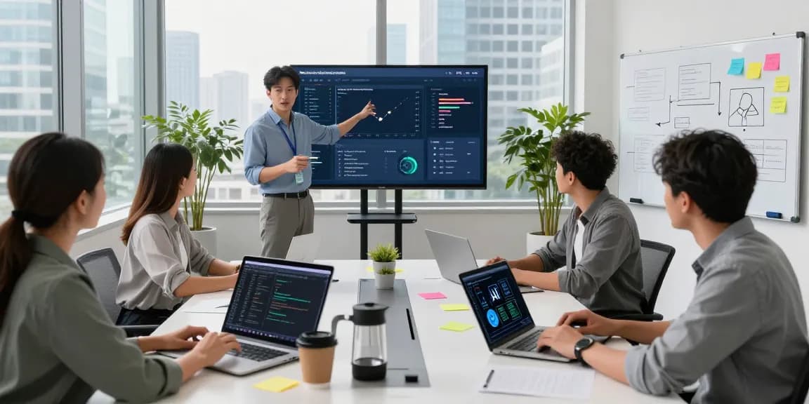 Build internal tools with AI in a modern workspace where diverse teams collaborate on innovative solutions.