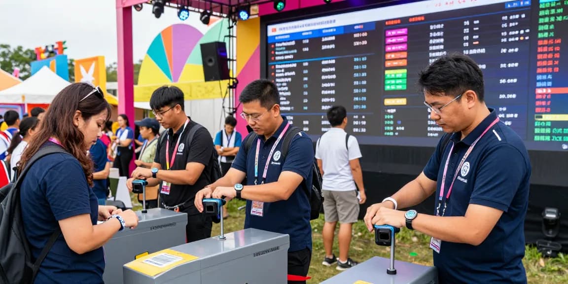 Efficient control de acceso con pulseras being implemented at a vibrant festival with real-time monitoring.