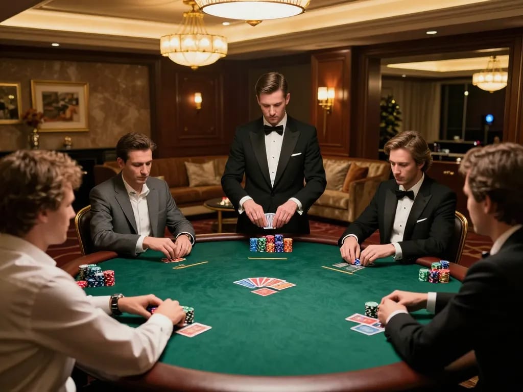 Các người chơi LUCK8 đang lên chiến lược trong một ván bài poker cao cấp tại một sòng bạc sang trọng