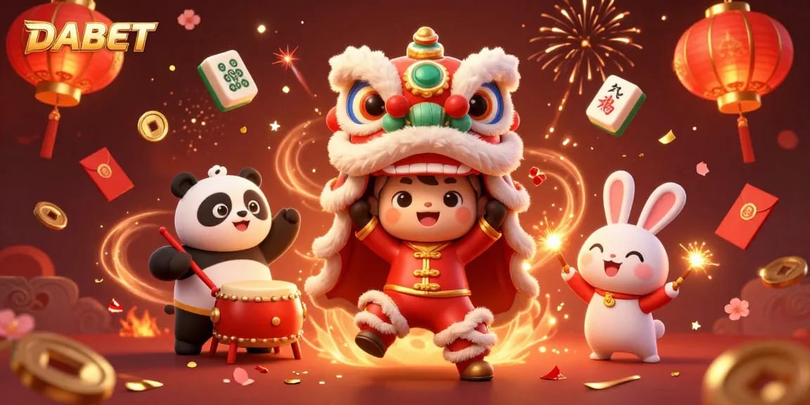 DABET gaming experience features a vibrant scene with a lion dance, drumming panda, and festive decorations.