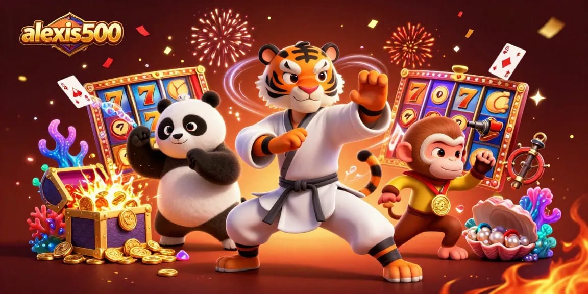 Play slots with alexis500 featuring a kung fu tiger and panda amidst gold coins and vibrant gaming elements.