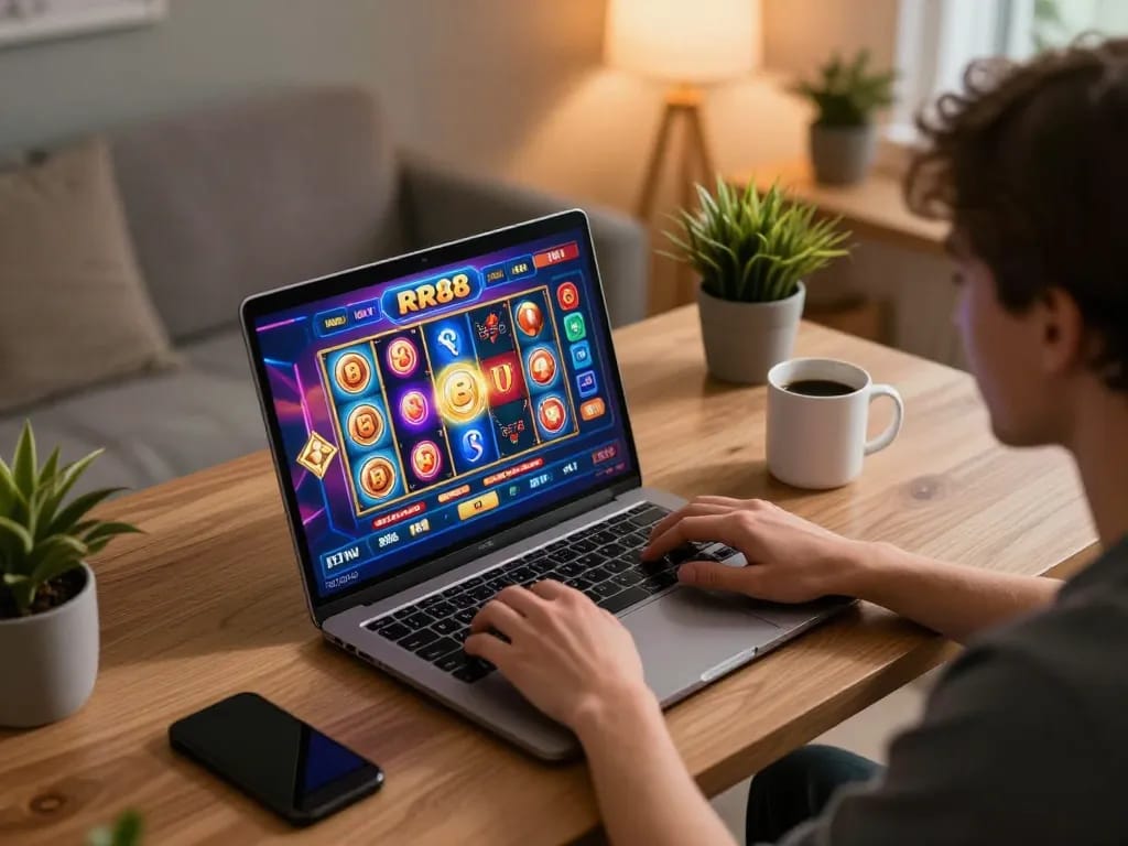 Engaging in online casino gaming at RR88 with vibrant slot displays and a cozy atmosphere