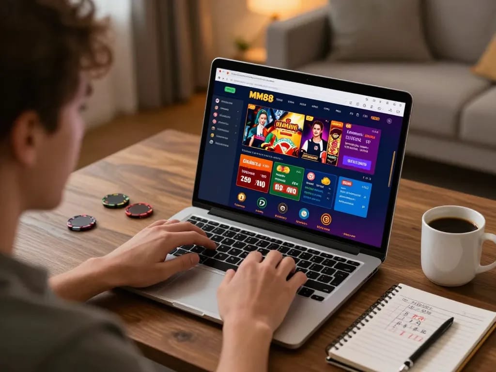 Player engaging in online MM88 gaming on laptop, showcasing a strategic betting environment.
