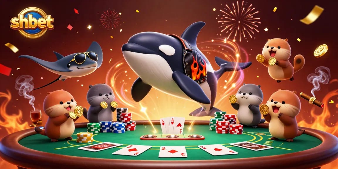shbet players enjoying a thrilling poker game with an orca and otters celebrating wins