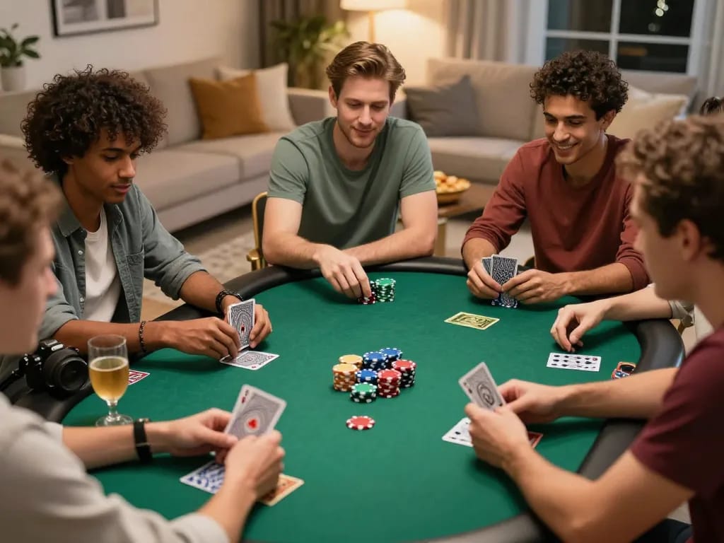 Friends enjoying poker night at home with 11win strategies, chips, and cards displayed.