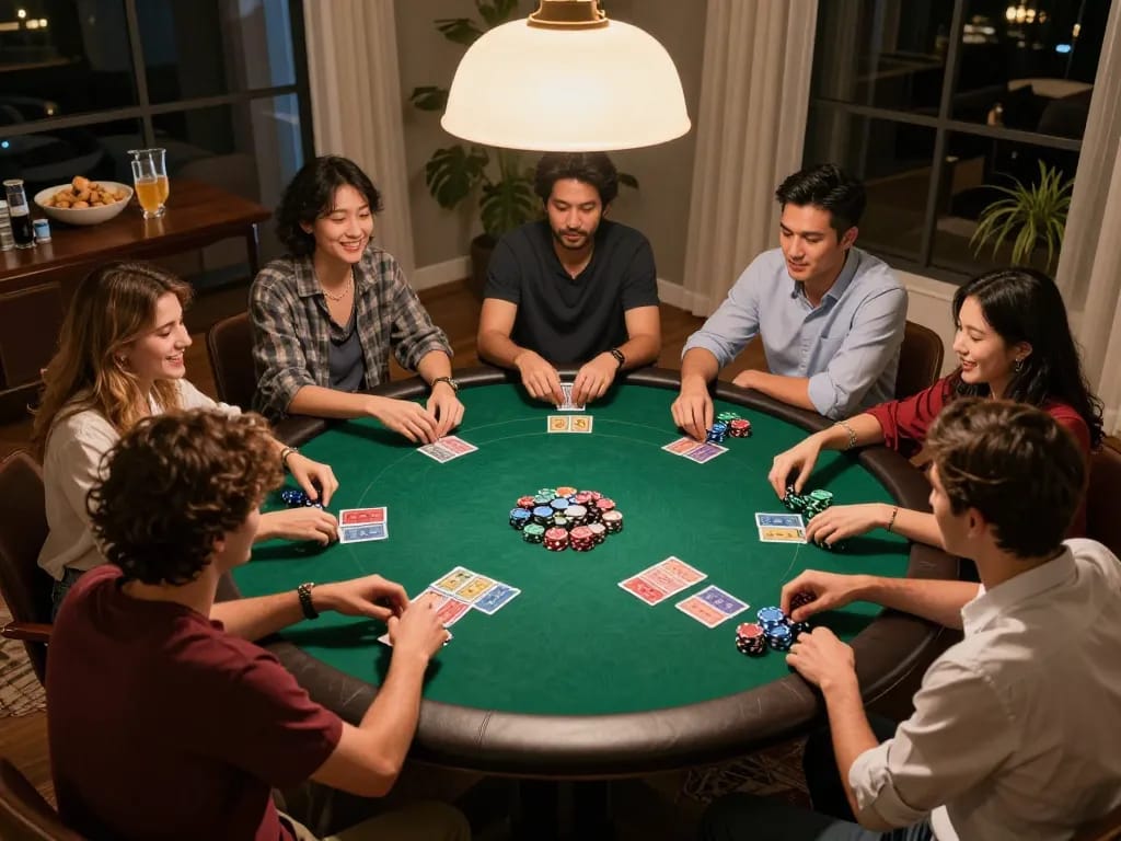 Players enjoying a competitive Texas Hold'em game at home while using xx88 platform for online betting.