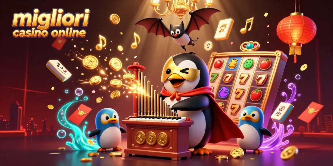 Migliori casino online: un pinguino fantasma che gioca all'organo con monete dorate, circondato da slot e simboli di frutta.