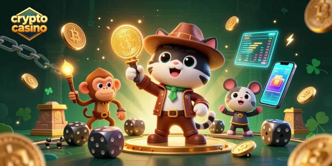 Profitez des jeux dans un crypto casino avec un chat explorateur découvrant un artefact doré.