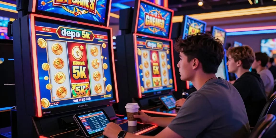 Engaged player experiencing intense excitement at a slot depo 5k online gaming session, showcasing vibrant digital elements.