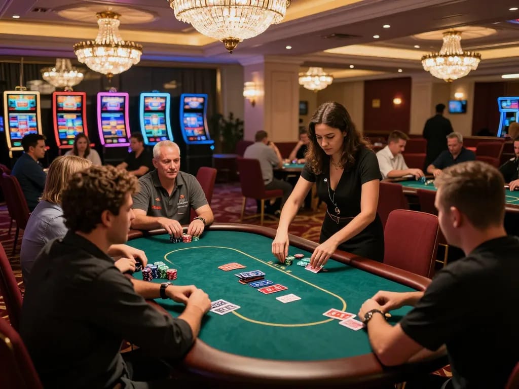 Engaging scene of players in intense game đánh bài đổi thưởng at an upscale casino with vibrant atmosphere.