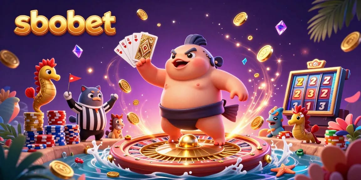Experience sbobet excitement with a lively underwater casino scene featuring a sumo fugu, a catfish referee, and shimmering game elements.