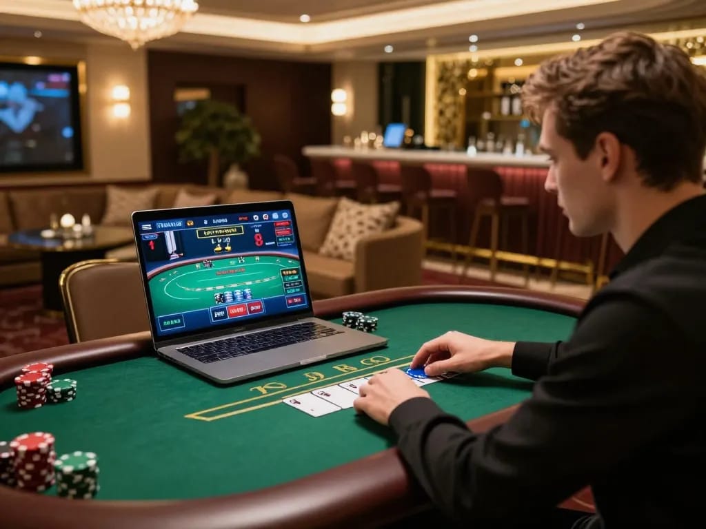 XIN88 player engaging in strategic online poker at a stylish home setup with a laptop interface.
