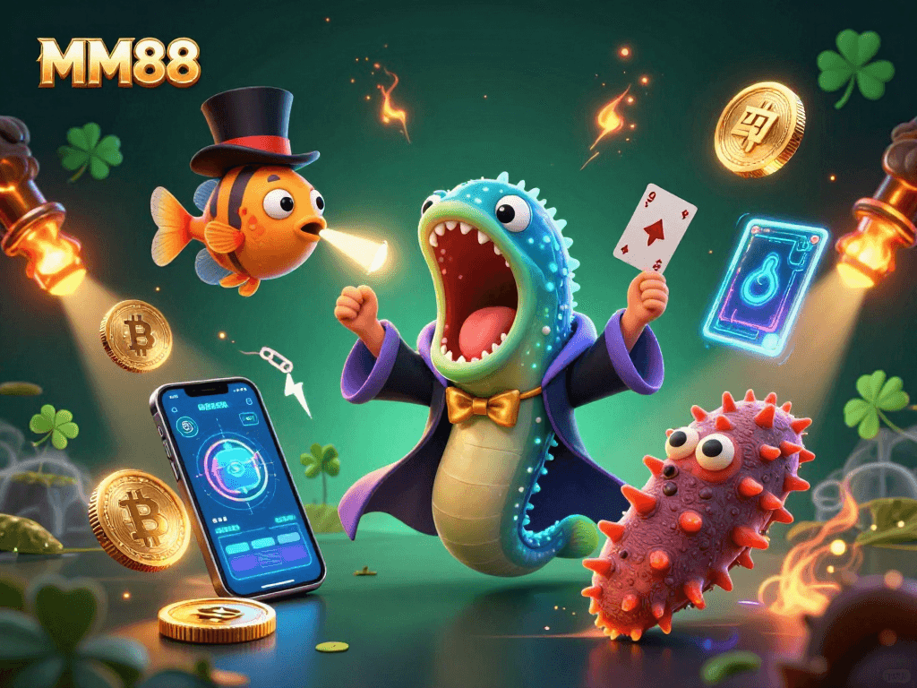 Experience the thrill of MM88 with a mesmerizing 3D scene showcasing animated characters, cryptocurrencies, and vivid casino elements.