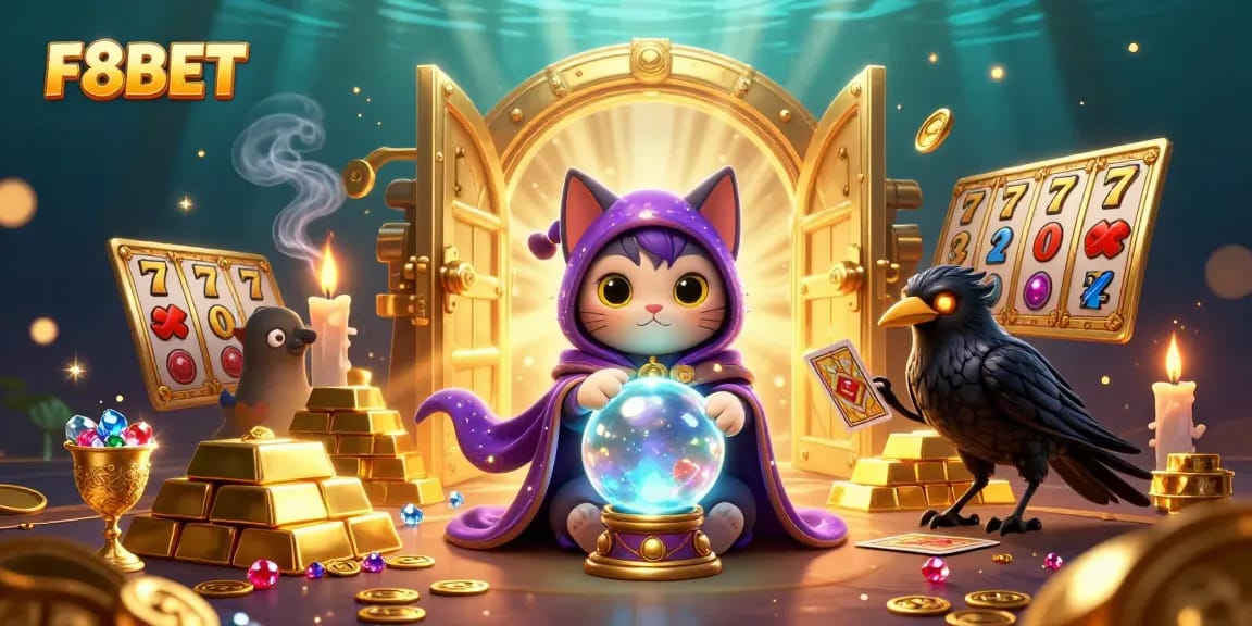 Experience magical winning moments at F8BET with a vibrant cartoon illustration showcasing a fortune teller cat and a raven amidst a treasure-filled casino.