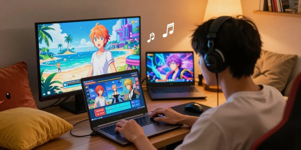 Engaging player immersed in hentaigame on a laptop, showcasing vibrant gaming characters and interactive choices in a cozy gaming nook.