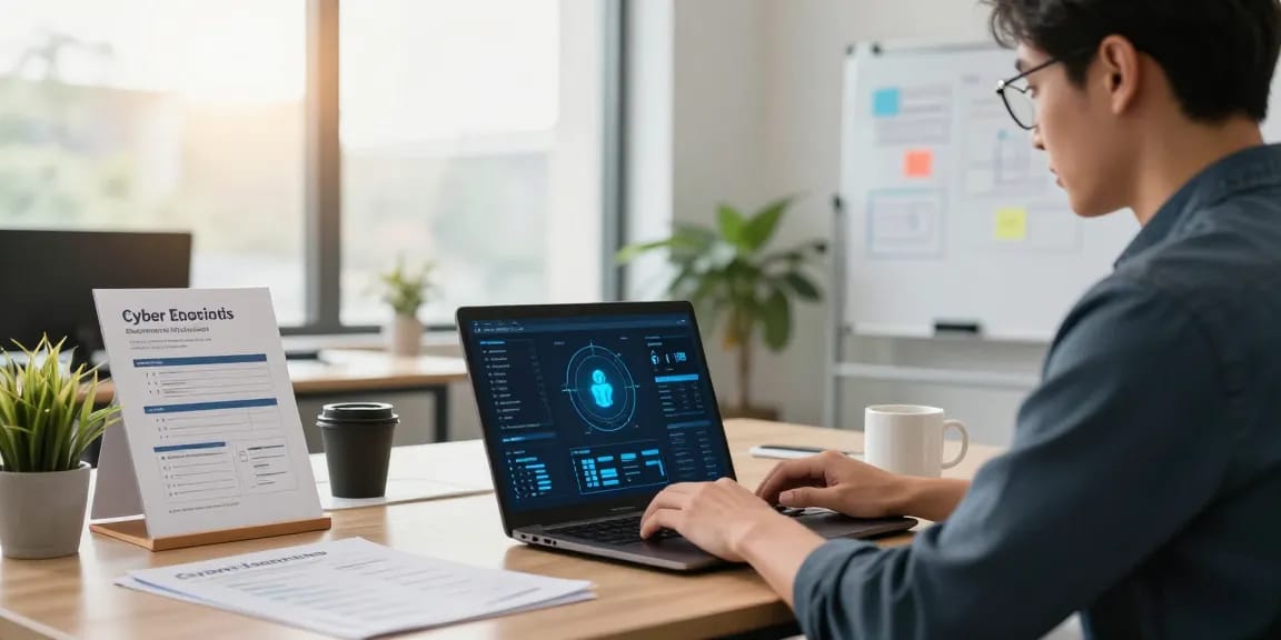 Cyber Essentials requirements checklist and consultant in modern office setting highlighting cybersecurity compliance.