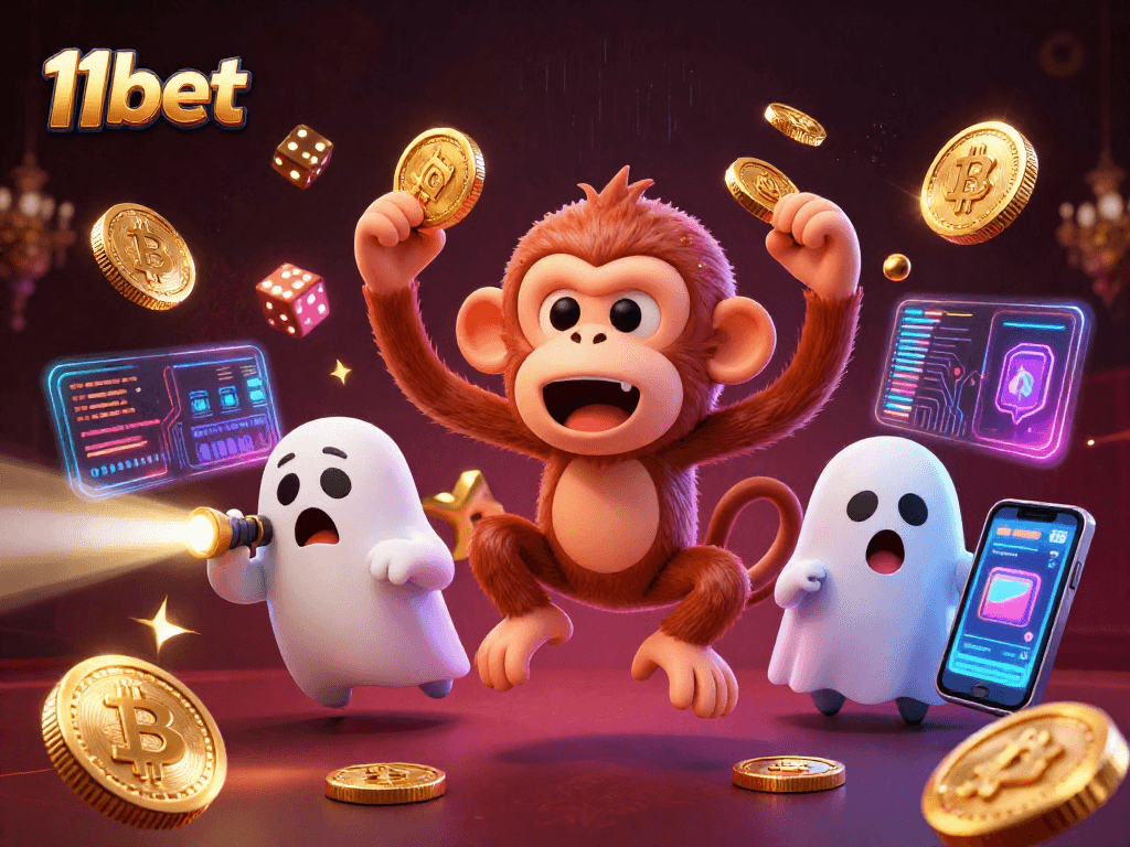 Engage in thrilling gameplay with 11bet's dynamic haunted casino scene featuring a poltergeist monkey.