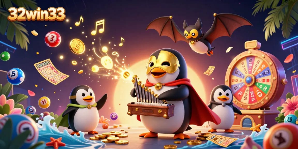 Spin and win with 32win33 in this vibrant and dynamic casino illustration featuring a penguin playing the organ!