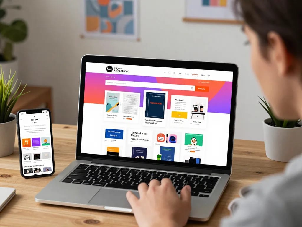 Buy Private Label Rights Products displayed on a digital storefront with vibrant eBooks and templates.