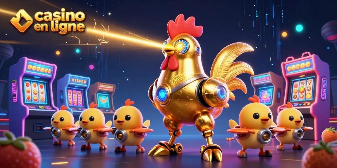 Jouez à des jeux de casino en ligne avec ce robot coq doré futuriste et ses drones poussins.