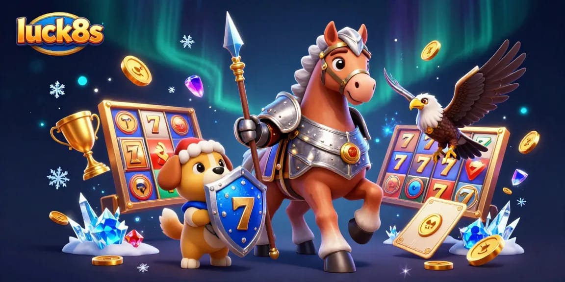 Engage with luck8s by spinning vibrant slot reels and winning jackpots with knightly armor in a dynamic casino scene.
