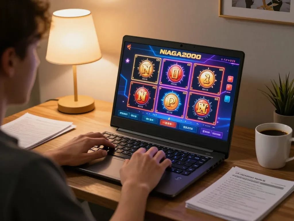 NAGA2000 online slot gaming experience with vibrant interfaces in a cozy home setting