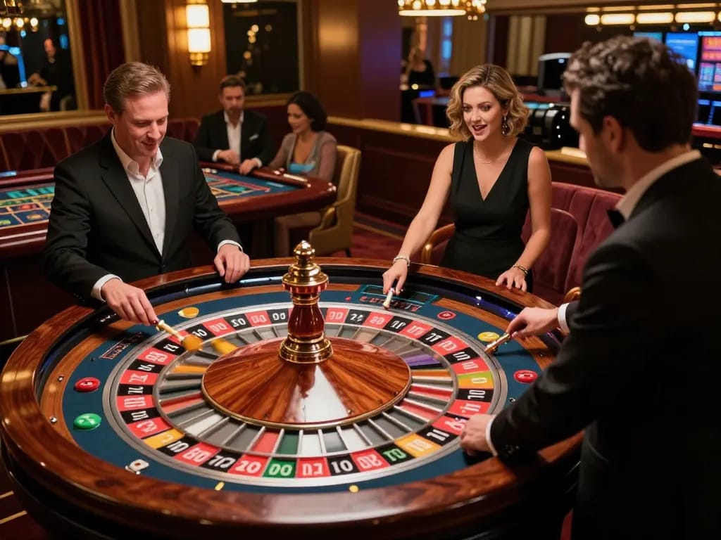 Players placing bets at a roulette table in the exciting gambling atmosphere of 9bet casino.