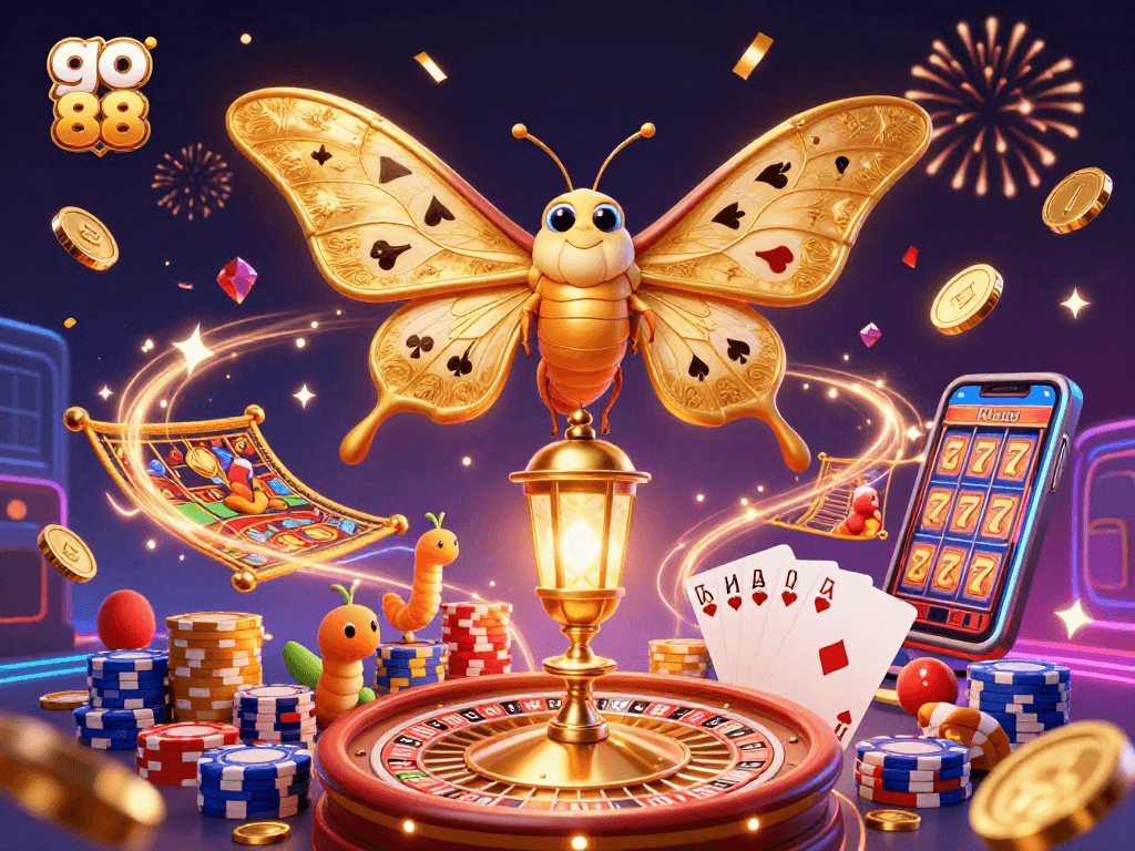 Experience go 88 with a vibrant scene of a 3D butterfly amidst casino wonders.