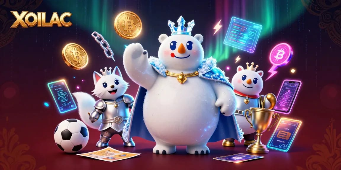 Bet on thrilling sports action with XOILAC featuring a regal polar bear and fox amid vibrant gambling elements.