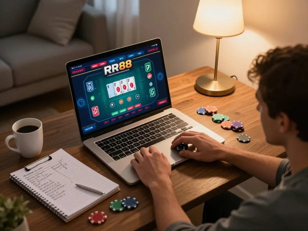 Player engaging with RR88 online poker game on laptop while tracking strategy notes.