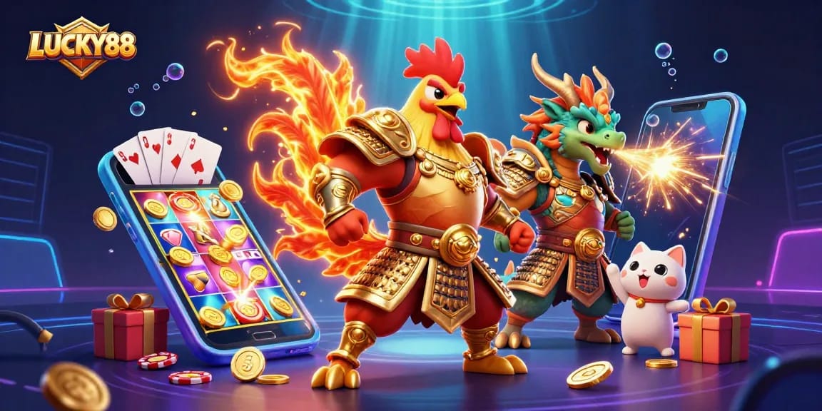 Spin to win with LUCKY88 in this vibrant, dynamic 3D casino illustration.