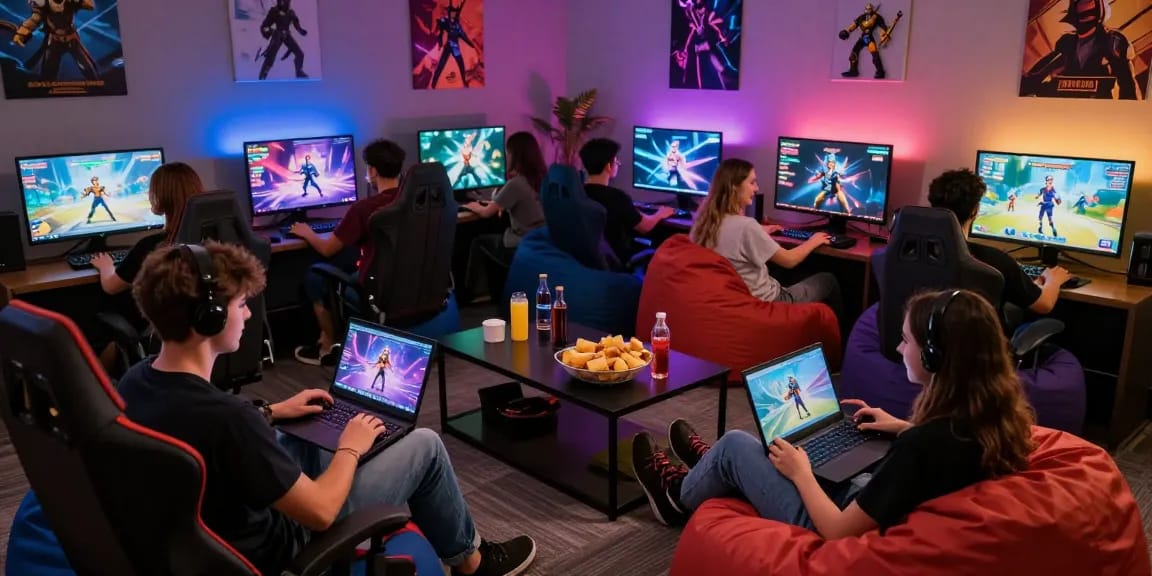 Engaged group playing sex game online in a lively gaming lounge
