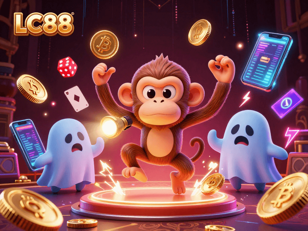 Experience thrilling gaming at LC88 with a mischievous monkey and ghost-hunter puppy amid neon adventures.