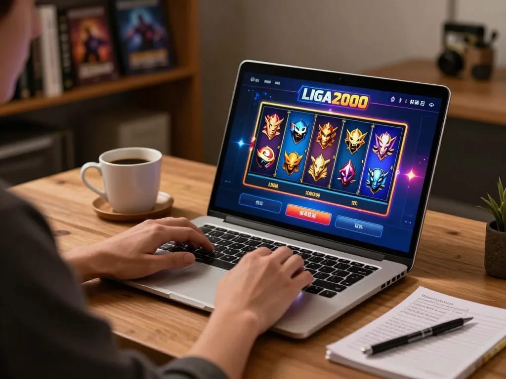 LIGA2000 player enjoying online slots on laptop in a cozy home setting, emphasizing focused gaming.