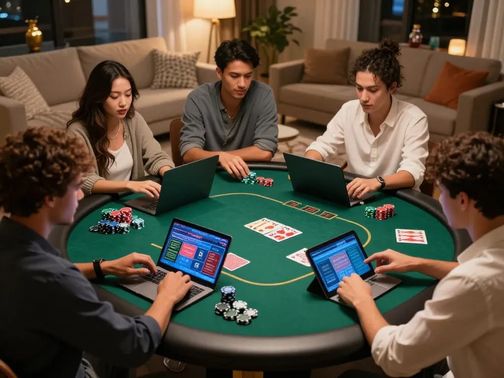 Friends engaging in online poker gaming session around a table featuring the gg88 theme.