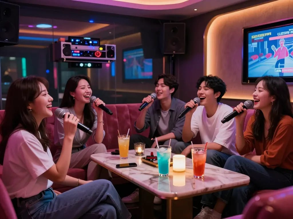 호화로운 노래방에서 친구들과 함께 강남가라오케의 활기찬 분위기를 경험하세요.