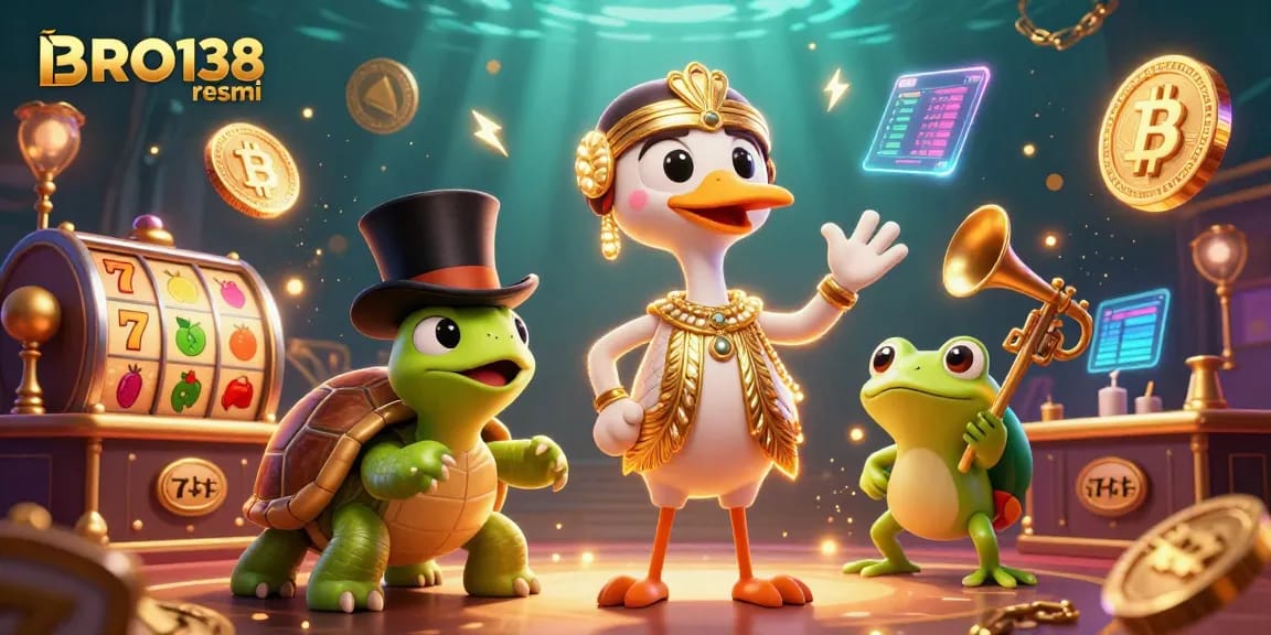 Engage your luck with BRO138 resmi as a joyful crane, turtle, and frog enjoy casino fun amidst vibrant slots.