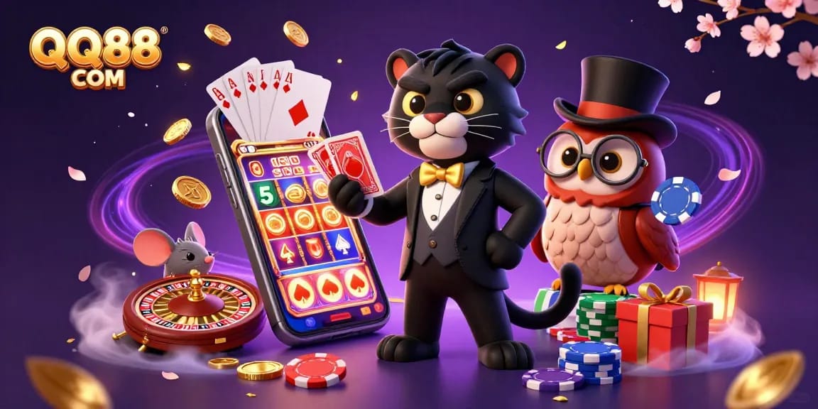 Experience thrilling gameplay at QQ88 COM with a stylish panther dealing cards and dynamic casino elements.