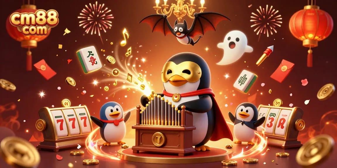 Spin to win with cm88 com, where the phantom opera penguin brings golden coins in a festive casino atmosphere.