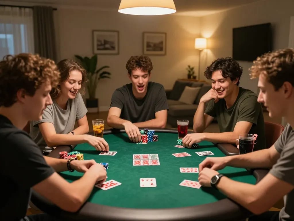 Friends playing poker enthusiastically at home, showcasing social gambling at its best with sc88e