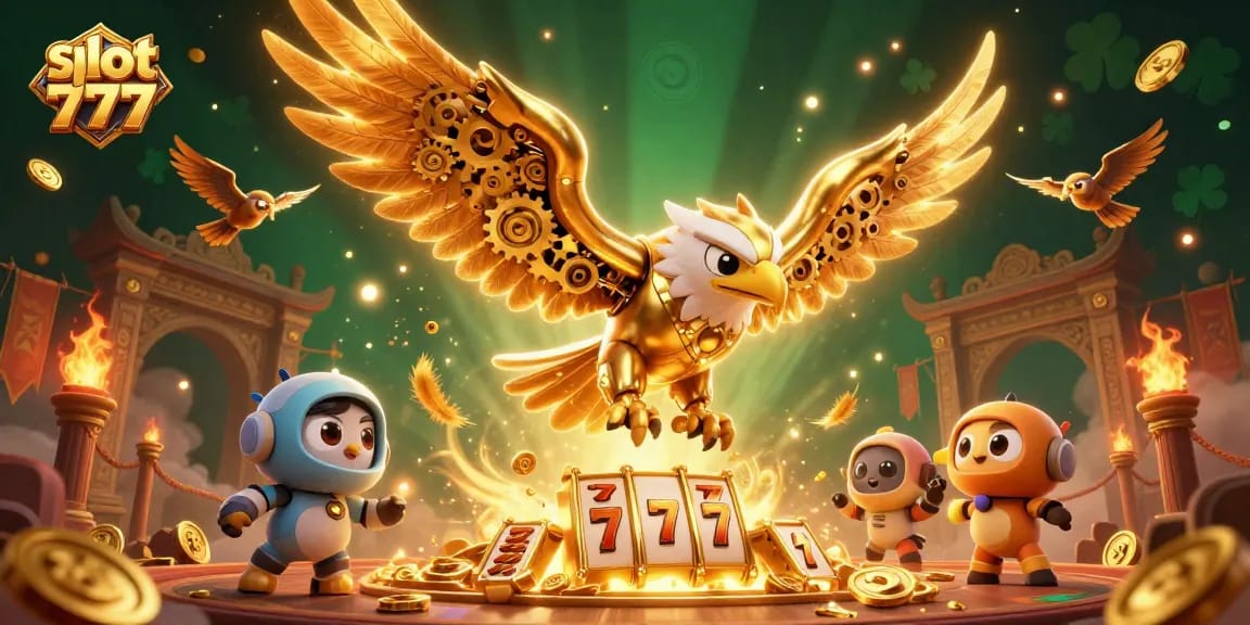 Experience thrilling slot 777 action with a dynamic 3D illustration of golden eagles and slot reels.