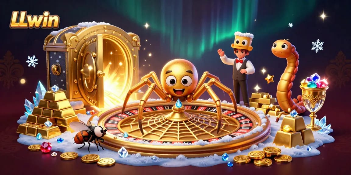 LLwin's vibrant casino scene features a golden spider and a centipede croupier spinning a roulette web.