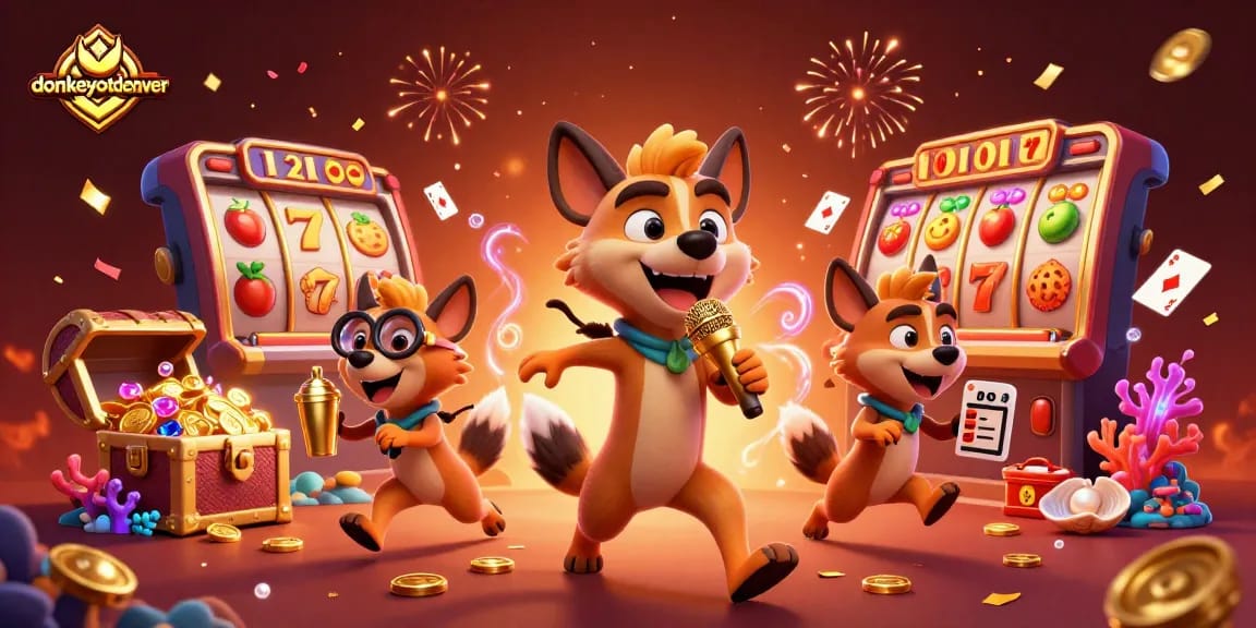 Experience thrilling wins at donkeyotdenver's 3D cartoon hyena casino with slots, gold coins, and festive energy!