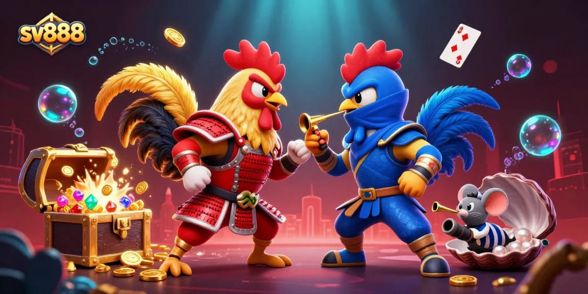 Engage in thrilling matches at sv888 featuring dynamic cartoon roosters with gold and bioluminescent elements.