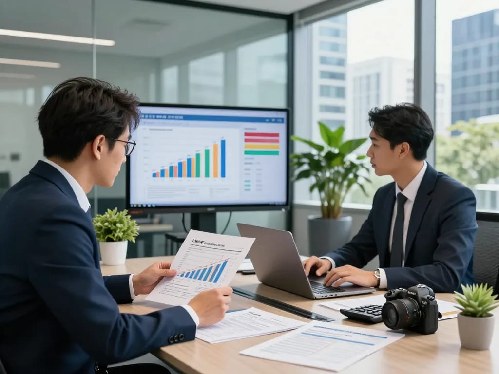 SMSF Accountants collaborating on financial documents in a modern office.