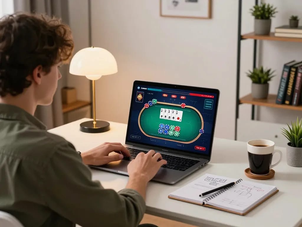 Engaging poker game with LC88 displayed on player's laptop, reflecting an immersive online gaming experience.